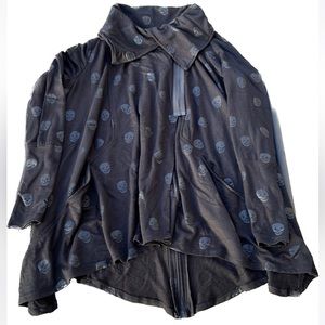 🎯Terez Foil-Printed Draped Zip-Front Jacket Skulls Black Size Small